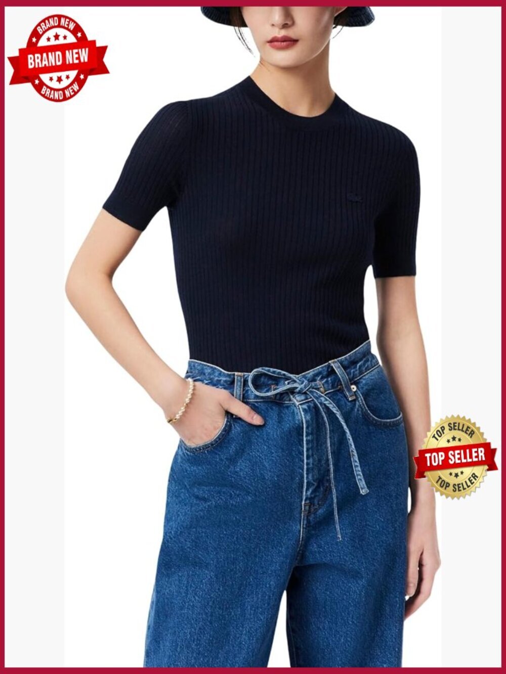 Wool Short Sleeve Crewneck Sweater Light Ribbed Knit